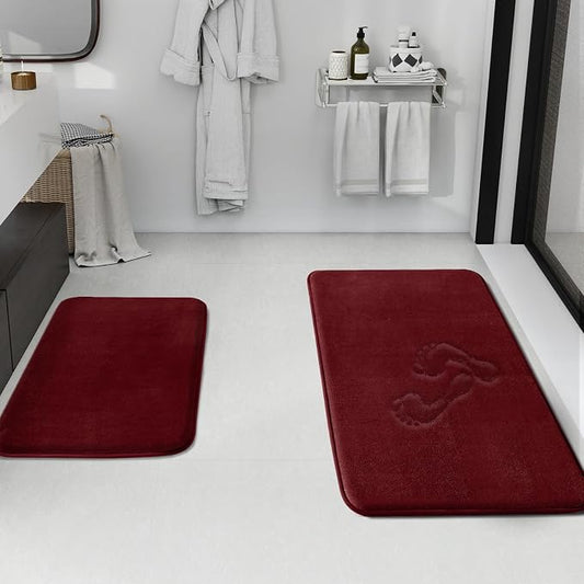 Bathroom Rugs Sets 2 Piece, Non-Slip & Quick Dry Bath Mat Set, Ultra Soft Velvet Bath Rugs for Bathroom, Toilet and Shower Floor, Red