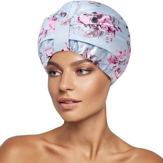 INNELO Shower Cap for Women Reusable Waterproof, Double Layer, Satin Lined | Bath Cap, Adjustable Elastic Strap, Large Size for Short Long Curly Hair, Soft Silky Lined, Anti Frizz, Shower Essentials