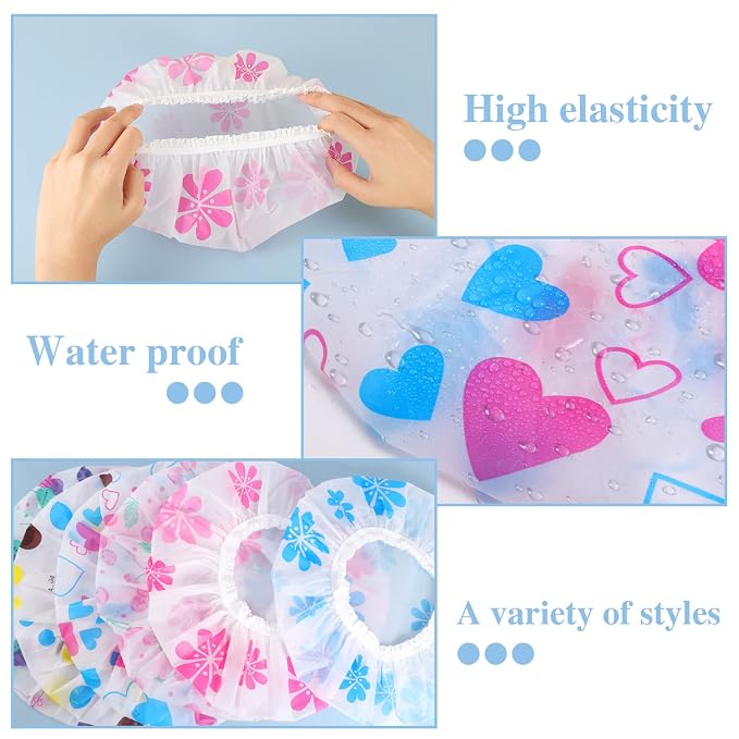 6 Pcs Shower Caps, Waterproof Bath Caps Plastic Reusable Shower Caps Elastic Band Bath Hair Caps for Women Kids | PE material, 10.6 in, elastic fit, travel-friendly, for women, kids, bathing, makeup, hair care, cooking