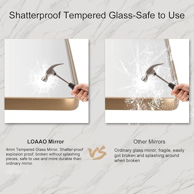 LOAAO 48”X36” Gold Bathroom Mirror, Rounded Rectangle Gold Frame Mirror, Brushed Gold Bathroom Vanity Mirror Wall-Mounted, Anti-Rust, Tempered Glass, Hangs Horizontally or Vertically | Rounded Rectangle, Brushed Gold Frame, Wall-Mounted, Anti-Rust, Tem...