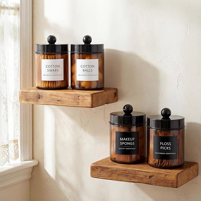 Amolliar Amber Glass Apothecary Jars Qtip Holder w/Plastic Lids,Black 2pc | for Bathroom Vanity Storage, Countertop, Farmhouse Style, Holds Cotton Swabs, Dental Floss, Makeup Sponges