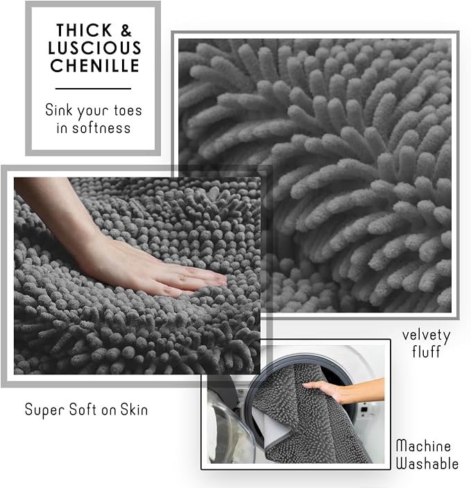 Hearth & Harbor Bathroom Rug Set, 2 Piece Chenille - Grey, Quick Dry, Non-Slip, Machine Washable - Bath Mat Size 17x24, 20x32 inches