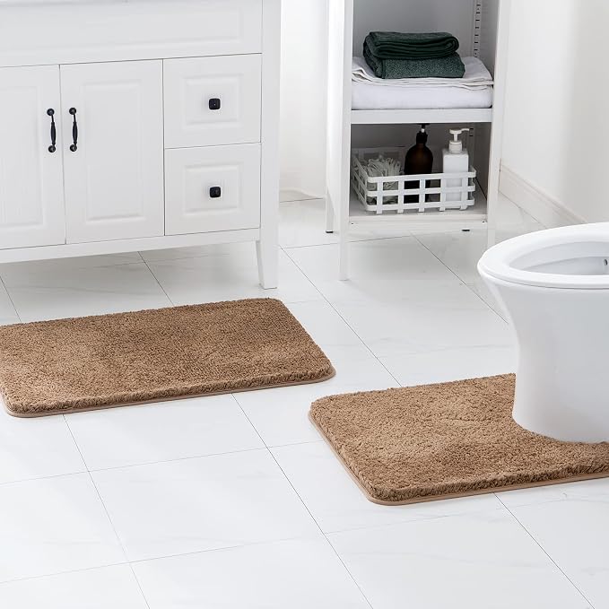MIULEE Light Brown Bathroom Rugs Set 2 Piece Soft Bath Mats 20x24+20x30 in | Absorbent Microfiber Bath Mat and U-Shaped Toilet Rug, Non Slip, Quick Dry, for Bathroom Floor Tub Showers, Machine Washable