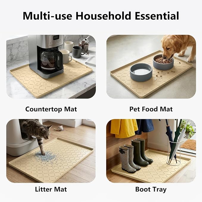 MateeyLife Silicone Mat Waterproof 12"X19", Ideal for Dog and Cat Food Mat, Dog Bowl Mats for Food and Water, Pet Placemat with Lip for Messy Drinkers to Protect Floor, Khaki
