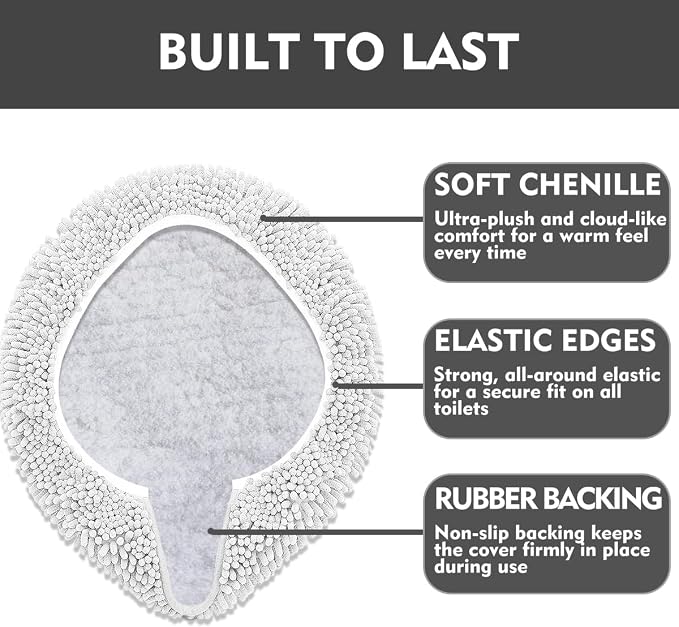 RUN HELIX Bathroom Toilet Lid Cover,Chenille Machine Washable Seat Covers, 17.5x15, Stays in Place Rubber Backing, Fits Most Round, Elongated and Oblong Lids, Accessories Decor,White