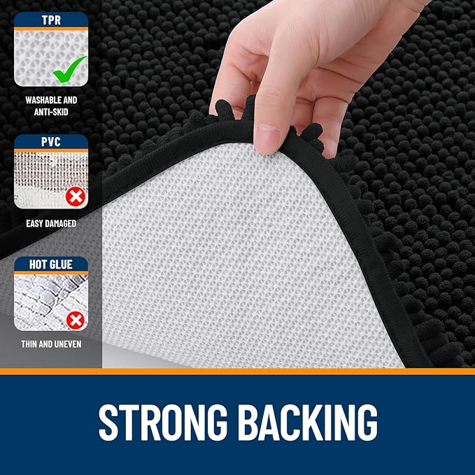 OLANLY Bathroom Runner Rugs 47x17, Extra Soft Absorbent Chenille Bath Rugs | Black, Quick-Drying Rubber Backing, Machine Washable Long Bath Mat for Bathroom Floor, Tub and Shower, Home Decor Accessories