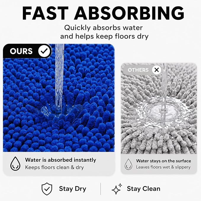 Bathroom Rugs Sets 2 Piece,Super Absorbent Soft,Thick,Machine Washable Chenille Bath Mat,Non Slip Toilet Floor Rug,Bath Mats for Bathroom,20x32 Plus 20x20 U Shape,Royal Blue