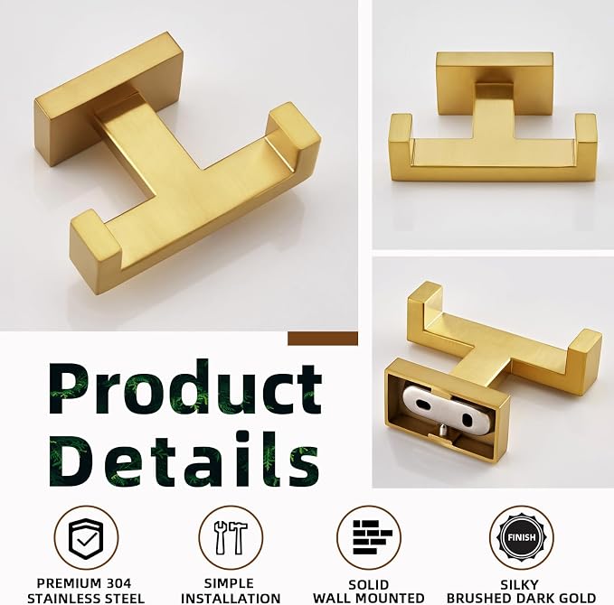 APLusee Double Robe Towel Hook Brushed Dark Gold, 304 Stainless Steel Bathroom Hand Towel Holder, Clothes Wall Hanger for Toilet Kitchen Cabinet