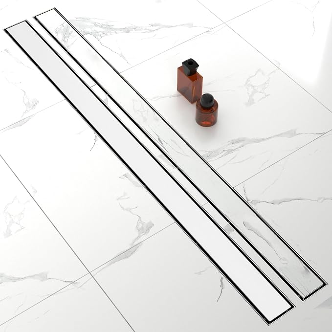60-Inch Linear Shower Drain with Tile Insert Grate, SUS 304 Stainless Steel Linear Drain, Brushed Nickel Long Rectangle Shower Floor Drain with Leveling Feet, Hair Strainer, Fits Bathroom