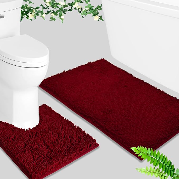 BOANKODU Bath Mat Set, 2 Piece - Soft Chenille, Non-Slip, 32x20 Inch + 20x20 Inch U Shape, Machine Washable (Burgundy)