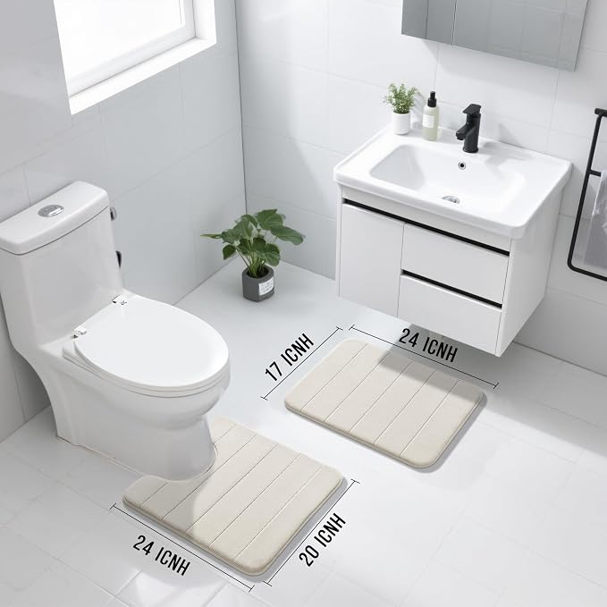 Yimobra U-Shaped Toilet Bath Mat Set 2 Piece - Soft Absorbent Quick Dry Memory Foam Bathroom Rugs, Machine Washable Non Slip Floor Carpet for Tub Shower & Single Sink (17x24 & 24x20, Cream White)