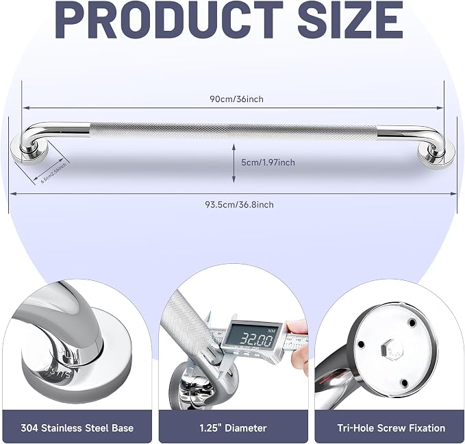 36 Inch Shower Grab Bar, 1.25" Dia Chrome Anti Slip Safety Bars, 304 Stainless Steel Bathroom Handrail, Handicap Grab Bars for Wall, Shower Grip Handle for Seniors Elderly Injury Assist Bath