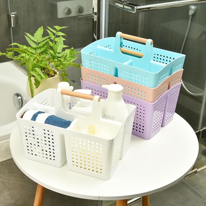 Portable Shower Caddy Basket with Wood Handle, 3-Compartment Bathroom Organizer Tote with Drain Holes, Plastic Shower Basket for Dorm, Toiletries, Cleaning Supplies, Green