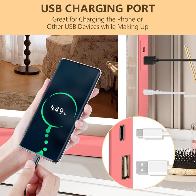 Ratsamee 23"x18" Pink Vanity Mirror with Lights, Led Makeup Mirror, Lighted Makeup Mirror with 3 Color Dimmable Lights, Smart Touch Screen Control, Aluminum Metal Frame,USB Charging Port