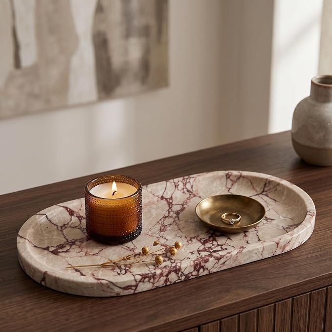 YKAJO Calacatta Viola Pink Oval Marble Tray, 11.8x5.9 Perfume Organizer | Honed natural stone; jewelry & trinket dish, ring & key holder, soap & candle catchall; bath counter, dresser, coffee table