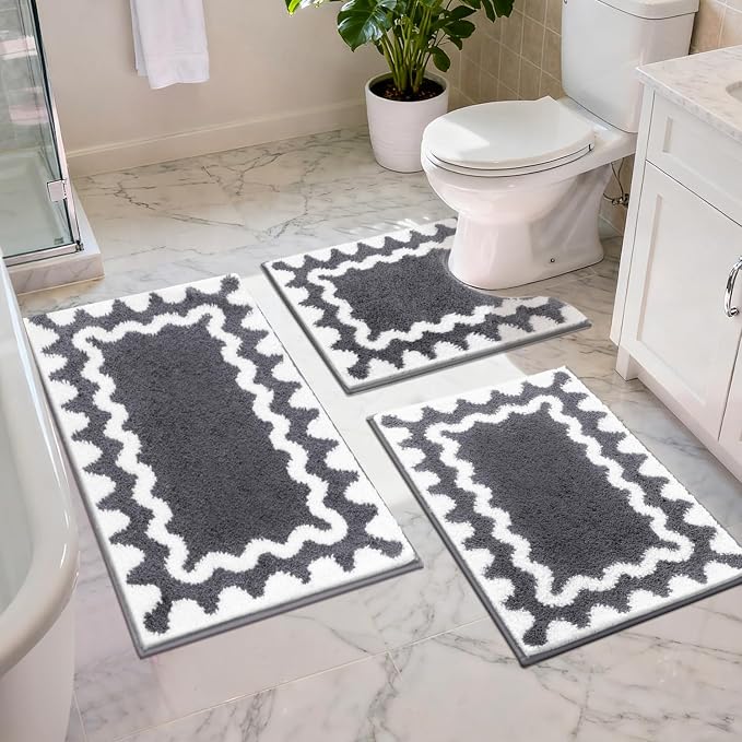 Findosom Bathroom Rugs Sets 5 Piece, Absorbent Soft Non-Slip Bath Rug Set | Washable Microfiber Shaggy Bath Mat Set with Bathroom Runner Rug, U-Shaped Toilet Rugs, Shower Rug&Toilet Lid Cover,Dark Gray