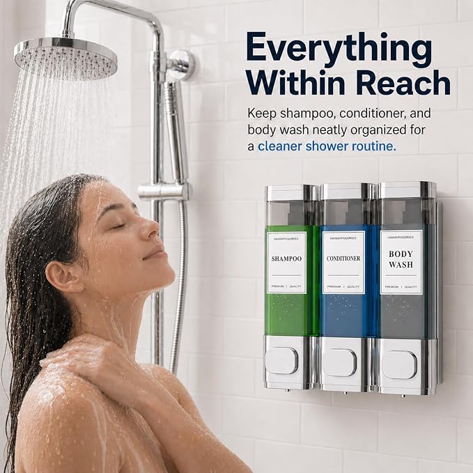 Shampoo and Conditioner Dispenser – Wall-Mounted Shower Soap Dispenser, No-Drill Installation, Lockable, 900 ml Capacity,for Bathroom & Hotel or Airbnb (Electroplated Silver, 3-Pack)