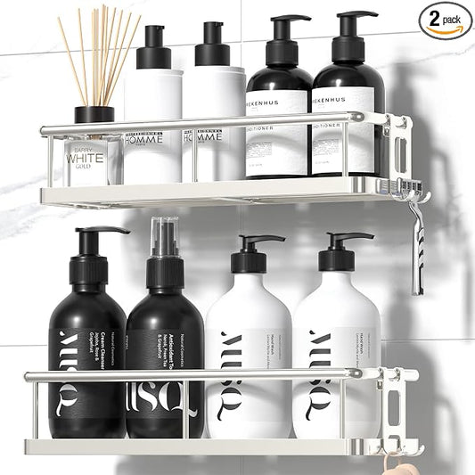 Shower Caddy Adhesive, Rustproof Shower Organizer, Large Capacity Shower Shelves for Inside Shower, No Drilling Bathroom Organizers and Storage for Home Decor （2 Pack Silver）