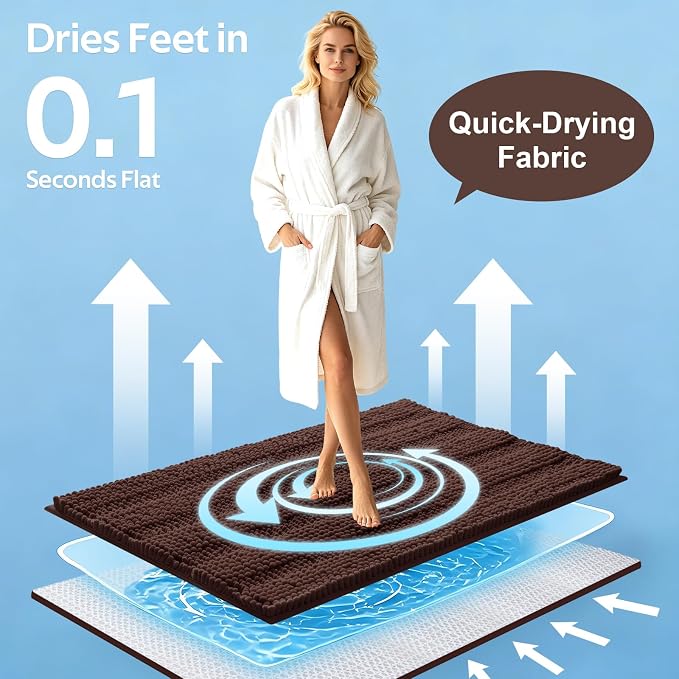 ACCUMTEK Striped Brown Bathroom Rug Set 3 Pieces Ultra Soft, Non Slip Chenille Toilet Mat, Absorbent Plush Shaggy Bath Mats for Bathroom, Bedroom, Kitchen