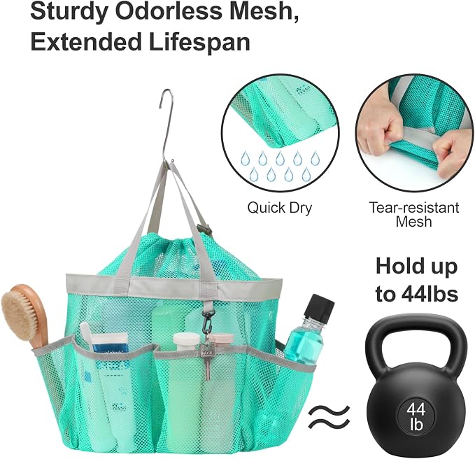 F-color Mesh Shower Caddy Portable with Drawstring - Large 8 Pockets Dorm Room Essentials for Guys Girls with S Hook, Shower Bag Basket Tote for College Camping Gym Travel Bathroom, Mint Green