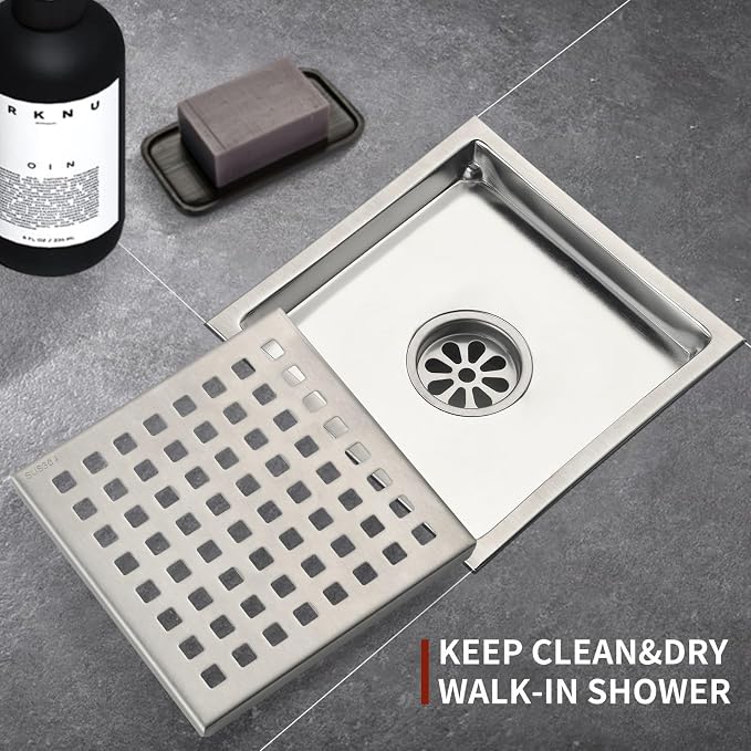 6 Inch Square Shower Drain with Removable Square Grille, Brushed 304 Stainless Steel, PVC Shower Drain Base, Includes Hair Strainer for Kitchen, Bathroom, Garage