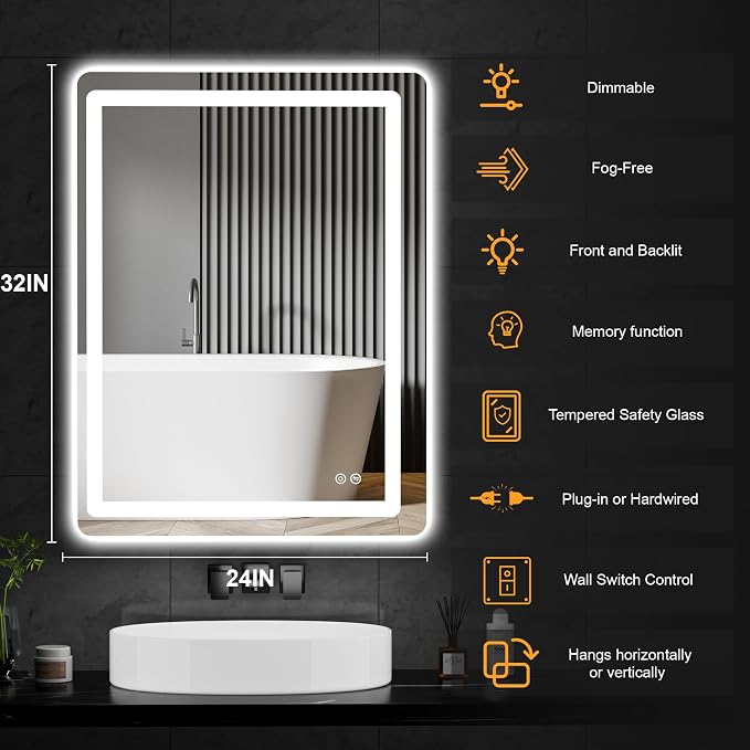 TRAHOME LED Bathroom Vanity Mirror with Lights, 32"x24" Lighted Wall Mirror | Front and Backlit, Anti Fog, Dimmable 3 Color Lighting, Memory Function, Shatterproof Glass, Plug in or Hardwired