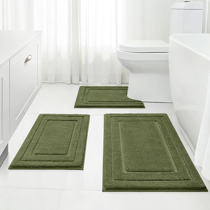 HOMEIDEAS Olive Green Bathroom Rugs Set of 3, Non Slip Bath Mats | Super Absorbent, Plush Microfiber, Machine Washable, Stain Resistant, Easy Care, Perfect for Modern Bathroom Decor