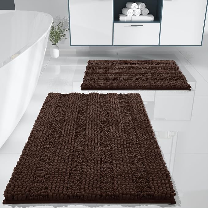 Yimobra Bathroom Rug Set 2 Piece, Absorbent Chenille, 32x20+24x17, Brown | Non Slip Machine Washable Quick Dry Bath Mat Set, Soft Plush Shower Rugs for Bathroom Floor Sink Tub and Shower Outside