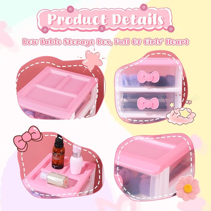 Girls Cute Lovely Color Storage Box Makeup Organizer with 4 Layers, Cute Storage Cabinet Box with Bow Handle, Desktop Storage Box for Home Bedroom Bathroom Women Girl Gifts (Pink)