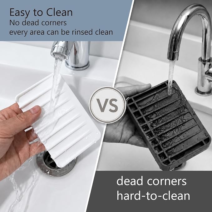Bathway Silicone Soap Dishes for Shower, Self-Draining Bar Soap Holder Non-Slip Sink Organizer Tray for Sink, Bathroom & Kitchen, Keeps Bar Soap Dry& Dishwasher Safe, Gray & White(2 Pack)