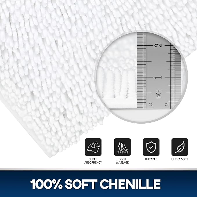 TREETONE Chenille Bath Mat 3 Piece Bathroom Rugs Set, 20x20 Inchs U-Shape Contoured Toilet Mat & 20x32 Inchs Rug & Lid Cover, Soft, Water Absorbent Plush Rugs for Tub Shower & Bath Room -White | 3 Mats-20"x32"/Contour/Lid Cover, White, Rubber Backing, ...