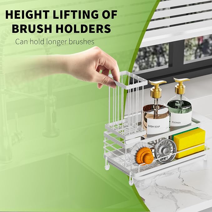 Cisily Sponge Holder for Kitchen, Sink Caddy Organizer, Kitchen Sink Accessories with Drip Tray, Rustproof and Non-slip Kitchen Sink Sponge Holder (White stand with brush holder)