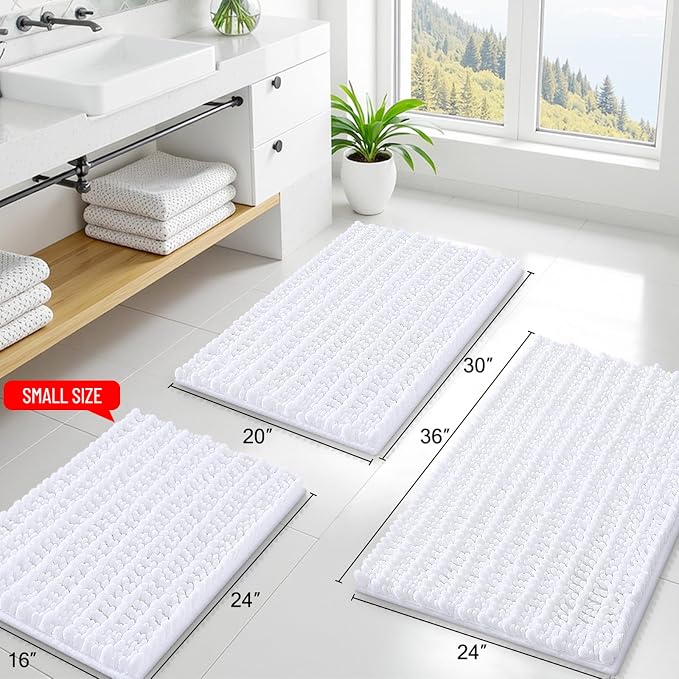 Smiry Bathroom Rugs 47X17, Extra Soft Rubber Backing Chenille Bath Mats | White Machine Washable Non Slip Quick Dry Bath Mats for Bathroom Floor, Tub, Shower, Home Decor Accessories