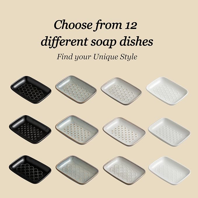 Gomakren Ceramic Soap Dish Bar Soap Holder for Bathroom Kitchen Sink, Gray | Keeps soap dry & long-lasting, raised scalloped design, non-slip base, easy to clean, versatile tray counter storage & decor