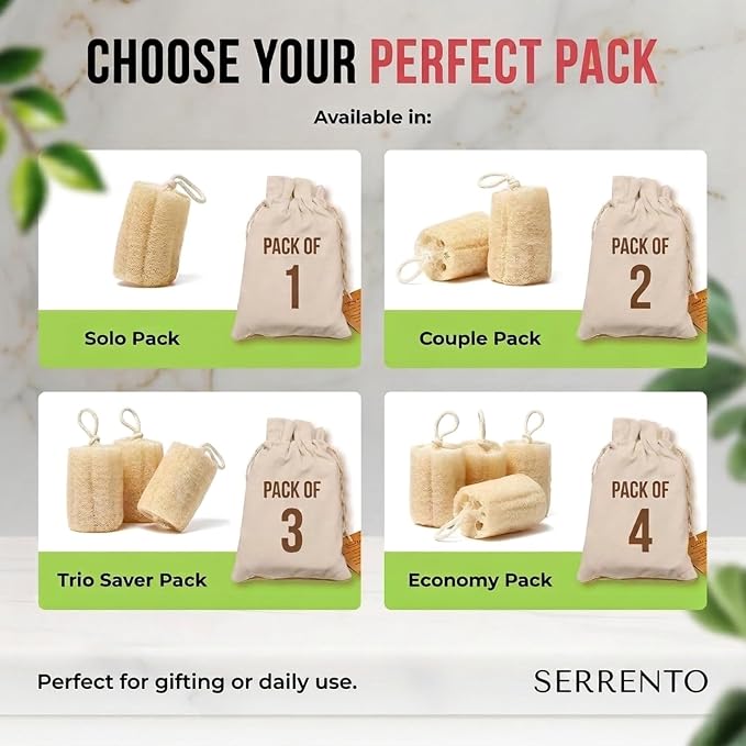 SERRENTO Loofah Body Scrubber Shower - Egyptian Luffa Sponge Pack of 3 Tan | Natural Egyptian plastic-free loofah gently exfoliate and cleanses skin while creating a rich lather for a refreshing shower