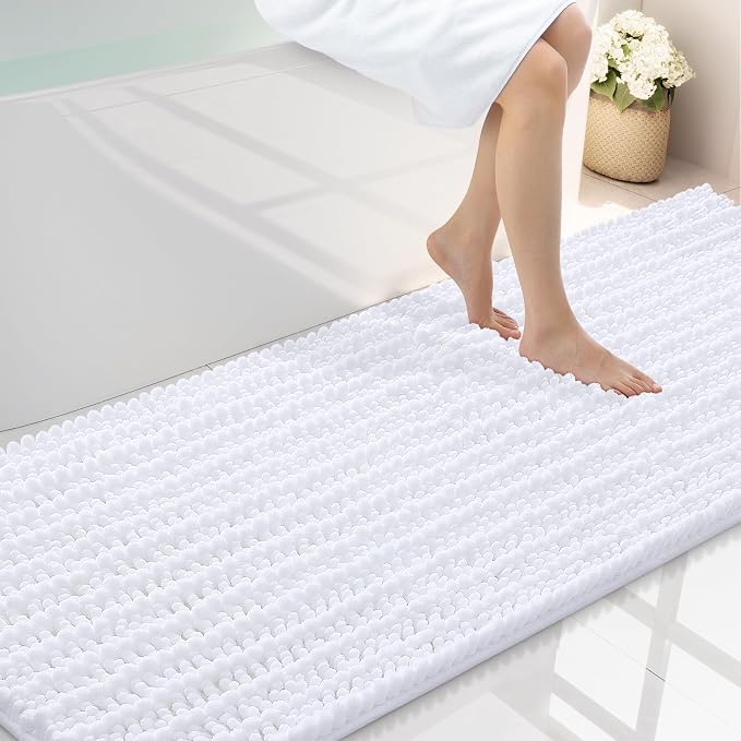Smiry Bathroom Rugs 70X24, Extra Soft Rubber Backing Chenille Bath Mats | White Machine Washable Non Slip Quick Dry Bath Mats for Bathroom Floor, Tub, Shower, Home Decor Accessories