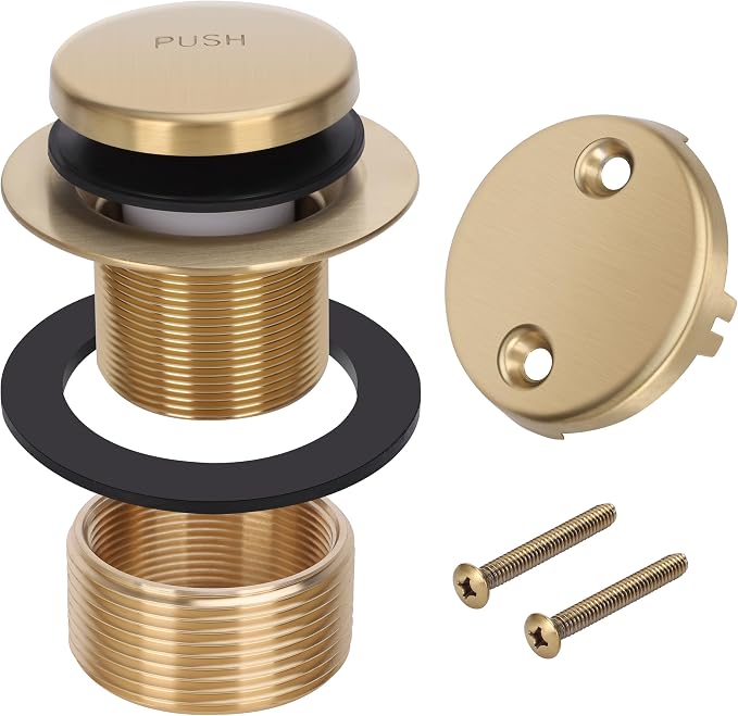 PRIMSOPH Tip-Toe Tub Drain Trim Kit with Two Hole Overflow Faceplate Conversion Kit Assembly Universal Fine Coarse Thread Replacement Brushed Gold