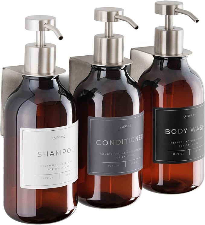 Shower Shampoo Dispenser Wall Mounted – 3 Refillable 16.9 oz Amber Bottles with Stainless Steel Pumps & No-Drill Adhesive Holders – Soap Dispenser Set for Bathroom (3 X Amber/Silver)