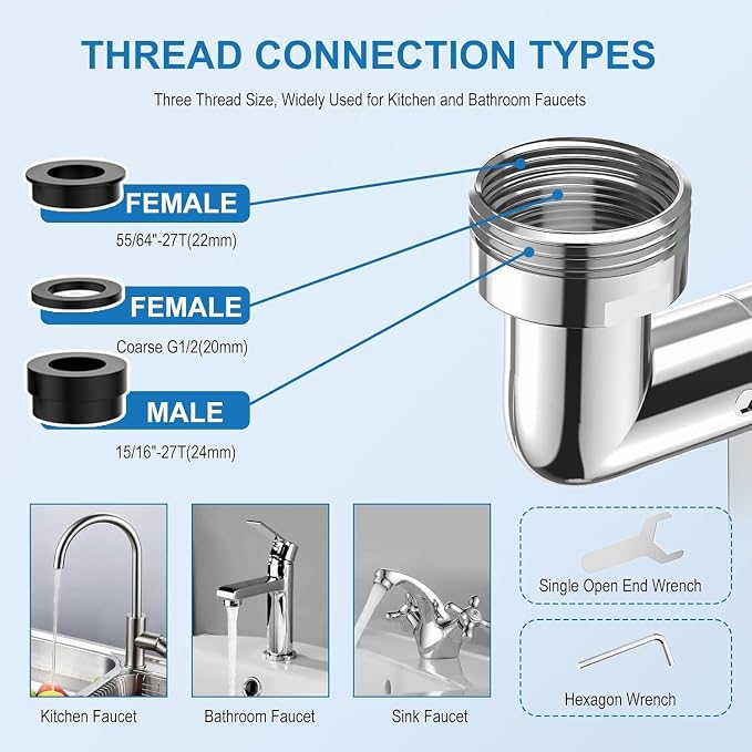 London Sunshine 2PC 1080° Swivel Faucet Extender,360° Swivel Robotic Arm Faucet Aerator,2 Sprayer Mode Kitchen Faucet Attachment Tap Head Replacement For Bathroom/Kitchen/Face/Hair