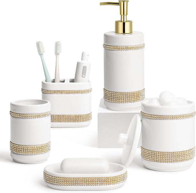 RQYIXI Ceramic 5-Piece Bathroom Accessories Set, Diamonds with White | white ceramic Cotton Swab Jar modern countertop organization