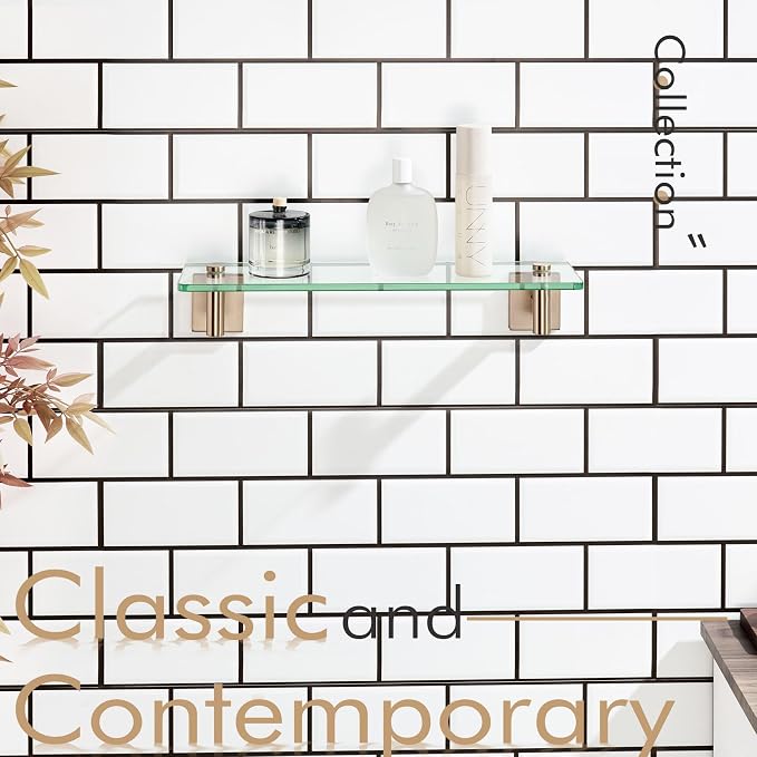 KOKOSIRI Wall Shelves Bathroom Hardware Glass Floating Shelf 16-Inch for Bedroom, Living Room, Kitchen, Hanging Rack Champagne Bronze B1105CPG-L16