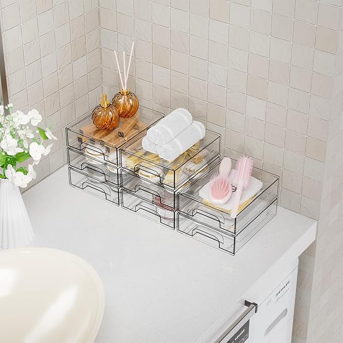 Yieach 2.2'' Tall Acrylic Clear Stackable Storage Drawer Organizer,8 Pack Desk Organization and Storage,Plastic Office Supply Organizer,Drawer Storage Organizer for Makeup,Accessory,Pen,Art Crafts