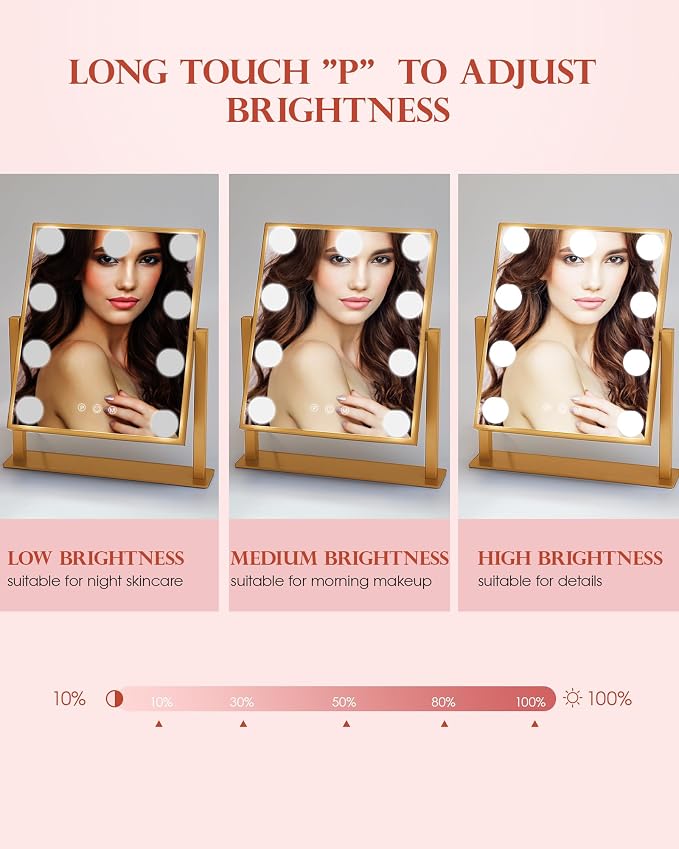 BWLLNI Lighted Makeup Mirror, Gold Vanity Mirror with Lights,9 LED Bulbs | Hollywood Mirror Touch Control Design 3 Colors Dimmable Bulbs Detachable 10X Magnification 360°Rotation
