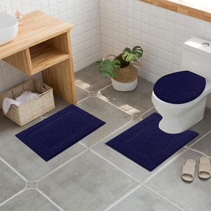 SHACOS Microfiber Bathroom Rugs Set of 3 with Toilet Lid Cover | Non Slip Washable Bath Mat Absorbent Bathroom Carpet 16"x24"+U Shape Toilet Rug 20"x24"+Toilet Lid Cover 19"x21", Navy Blue
