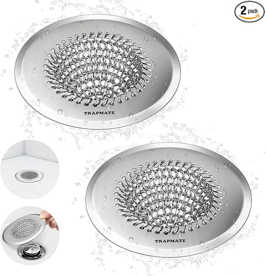 TRAPMATE 2 Pack Bathroom Sink Drain Strainer, 4.4" Fast Drainage Shower Drain Hair Catcher, Anti-Slip Bathtub Drain Hair Catcher, Stainless Steel Shower Drain Cover for Tub, Sink (Patented Product)