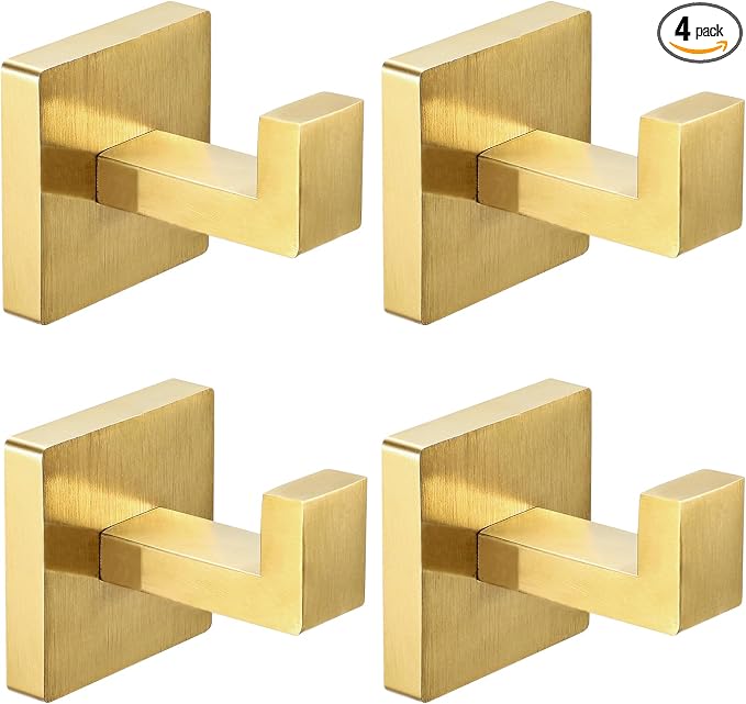 IBosins 4 Pack Towel Hooks Hand Towel Holder for Bathroom Wall Livingroom Bedroom Kitchen Closet Heavy Duty Stainless Steel Hook Hanger for Robe, Bath Towel, Coat (Square Brushed Gold)