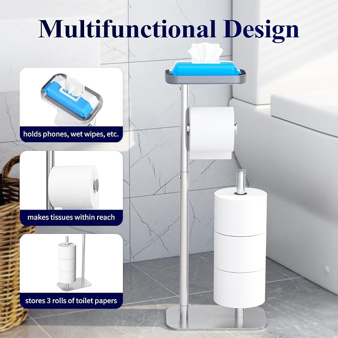 Kitsure Metal Toilet Paper Holder Free Standing, Medium, Silver | Rustproof Toilet Paper Stand for 4 Rolls, Bathroom Organizers and Storage with Anti-Slip Base and Plastic Shelf