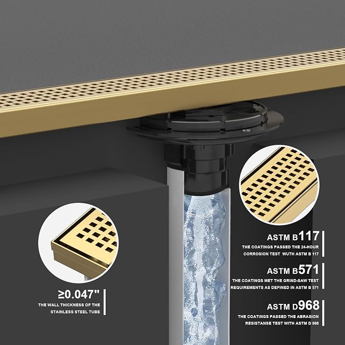 Linear Shower Drain | 36 Inch AISI 304 Stainless Steel Shower Drain, Brushed Gold Linear Drain with Removable Quadrato Grate Cover & Adjustable Feet, Rectangle Floor Drain, in Bathroom Balcony etc