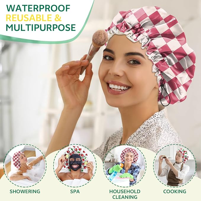 2 PCS Shower Cap Waterproof Double Layer Elastic Adjustable Reusable Hair Bath Caps for Girls Women Cute Aesthetic-Pink White