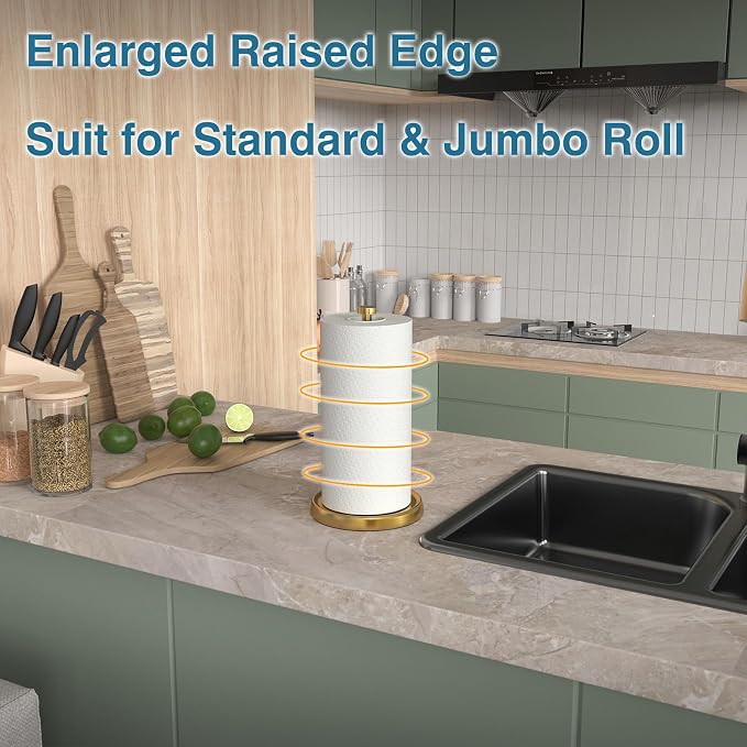 Paper Towel Holder Countertop, Gold Kitchen Accessories Decor, Stainless Steel, Weighted Base, Gold, Paper Towel Roll Holder Stand with Ratchet Mechanism for Kitchen Bathroom Farmhouse Essentials